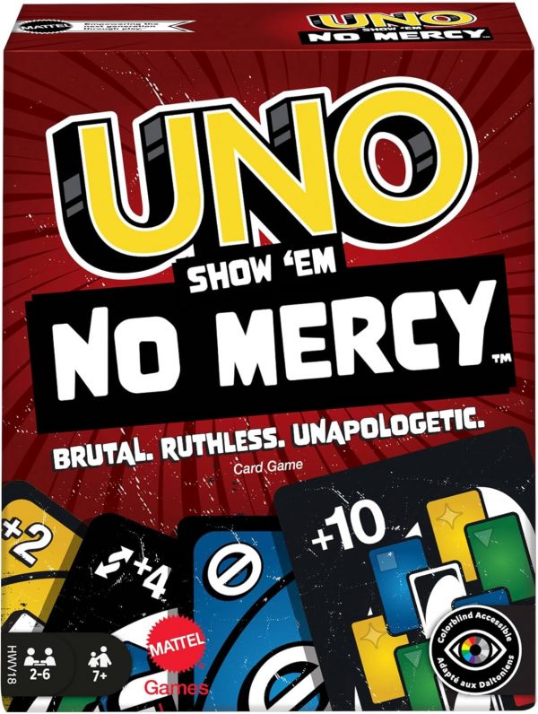 Mattel Games Uno No Mercy Jeu de cartes familial avec 56 cartes supplémentaires, règles spéciales, cartes action redoutables, pénalités plus sévères, jouet enfant, dès 7 ans, HWV18