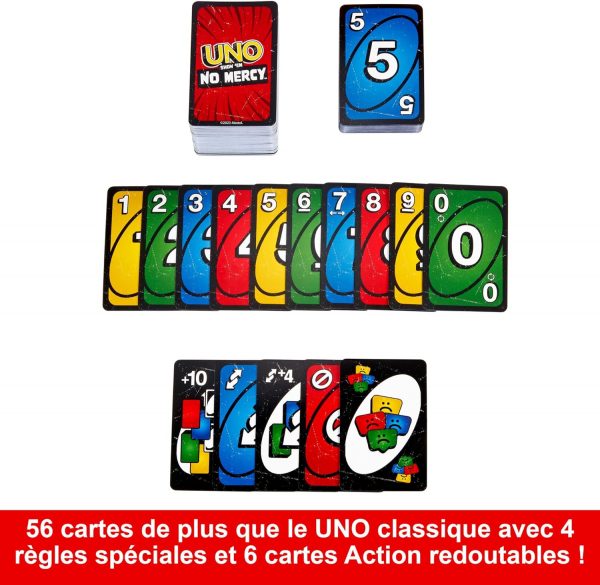 Mattel Games Uno No Mercy Jeu de cartes familial avec 56 cartes supplémentaires, règles spéciales, cartes action redoutables, pénalités plus sévères, jouet enfant, dès 7 ans, HWV18