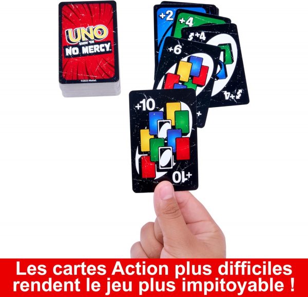 Mattel Games Uno No Mercy Jeu de cartes familial avec 56 cartes supplémentaires, règles spéciales, cartes action redoutables, pénalités plus sévères, jouet enfant, dès 7 ans, HWV18