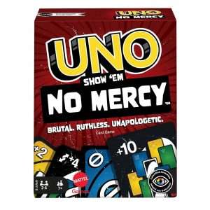 Mattel Games Uno No Mercy Jeu de cartes familial avec 56 cartes supplémentaires, règles spéciales, cartes action redoutables, pénalités plus sévères, jouet enfant, dès 7 ans, HWV18