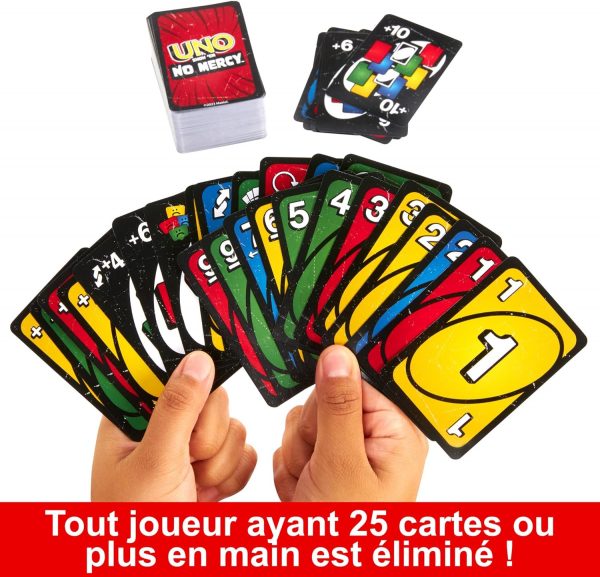 Mattel Games Uno No Mercy Jeu de cartes familial avec 56 cartes supplémentaires, règles spéciales, cartes action redoutables, pénalités plus sévères, jouet enfant, dès 7 ans, HWV18