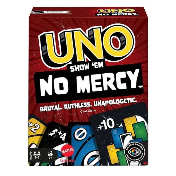 Mattel Games Uno No Mercy Jeu de cartes familial avec 56 cartes supplémentaires, règles spéciales, cartes action redoutables, pénalités plus sévères, jouet enfant, dès 7 ans, HWV18