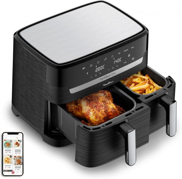 Moulinex Easy Fry Dual Friteuse sans huile, Capacité 8,3 L, Jusqu'à 8 personnes, 7 programmes automatiques, Écran digital, Économie d'énergie, Application Moulinex, friteuse à air