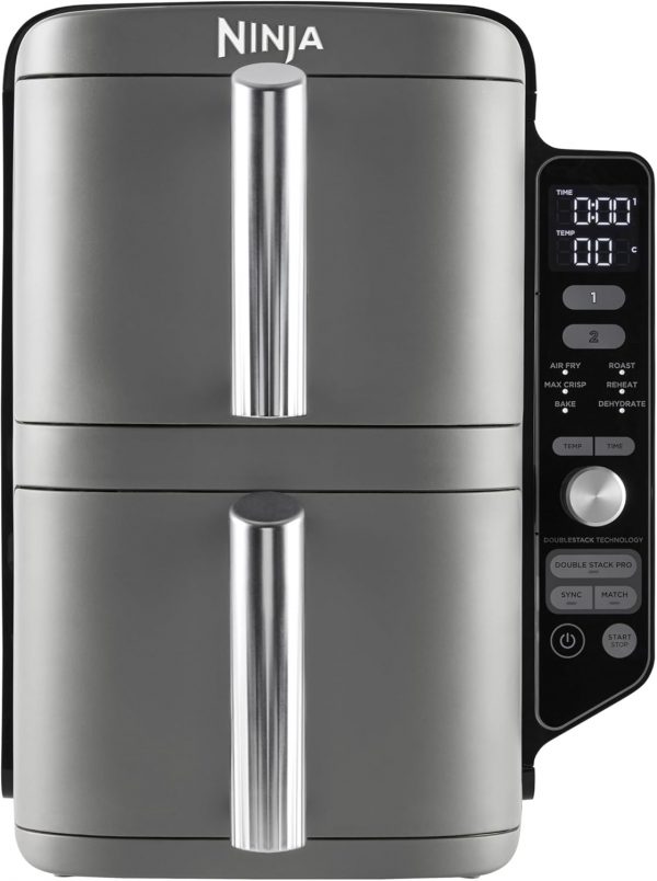 Ninja Double Stack XL Friteuse sans huile, friteuse verticale à 2 tiroirs, 4 niveaux de cuisson, 2 tiroirs et 2 grilles, design compact, capacité de 9,5L, 6 fonctions de cuisson, 8