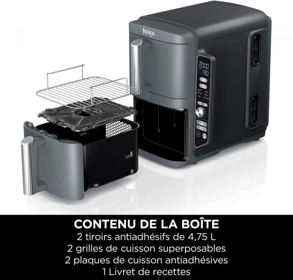 Ninja Double Stack XL Friteuse sans huile, friteuse verticale à 2 tiroirs, 4 niveaux de cuisson, 2 tiroirs et 2 grilles, design compact, capacité de 9,5L, 6 fonctions de cuisson, 8