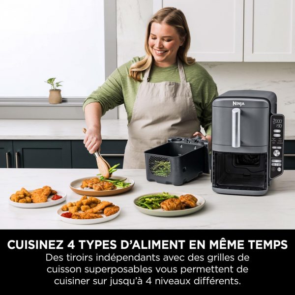 Ninja Double Stack XL Friteuse sans huile, friteuse verticale à 2 tiroirs, 4 niveaux de cuisson, 2 tiroirs et 2 grilles, design compact, capacité de 9,5L, 6 fonctions de cuisson, 8