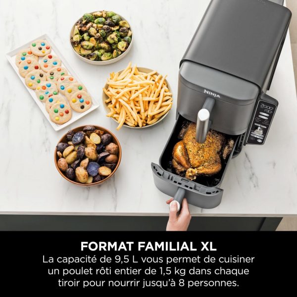 Ninja Double Stack XL Friteuse sans huile, friteuse verticale à 2 tiroirs, 4 niveaux de cuisson, 2 tiroirs et 2 grilles, design compact, capacité de 9,5L, 6 fonctions de cuisson, 8