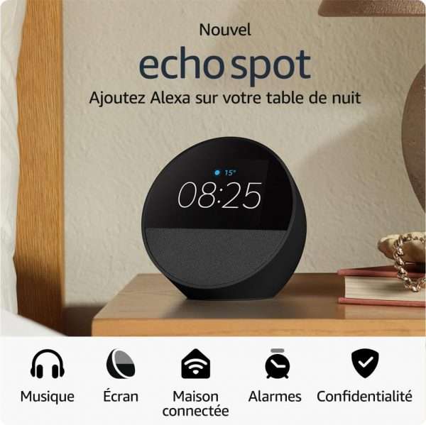 Nouvel Amazon Echo Spot (modèle 2024) | Réveil connecté avec un son de qualité et Alexa | Noir