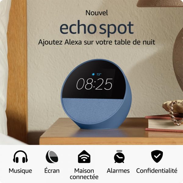 Nouvel Amazon Echo Spot (modèle 2024) | Réveil connecté avec un son de qualité et Alexa | Noir