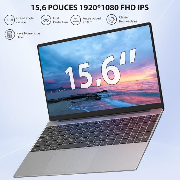 Ordinateur Portable 15,6 pouces, 16 Go de RAM, 512 Go SSD Intel N95 PC Portable (jusqu'à 3,4 GHz) avec clavier rétroéclairé, 1920 * 1080 IPS, WiFi 2.4/5.0G, BT5.0, USB 3.0×2,...