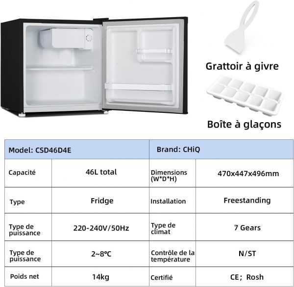 Réfrigérateur CHIQ Mini 46L, 47x44,7 cm, Réfrigérateur de table avec porte-bouteilles, Thermostat réglable, Faible bruit, Pour chambre, Cuisine, Salon foncé 2023