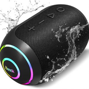 RIENOK Enceinte Bluetooth Portable, Haut-parleur puissant lumineux IPX7 avec Bluetooth 5.3, autonomie de 10 heures, 1800mAh, port TF carte/AUX, pour soirées, plage, randonnées,...