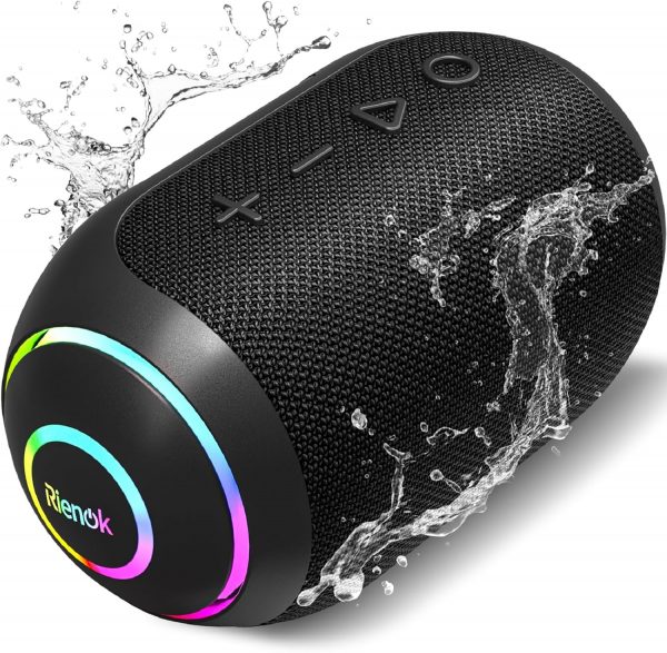 RIENOK Enceinte Bluetooth Portable, Haut-parleur puissant lumineux IPX7 avec Bluetooth 5.3, autonomie de 10 heures, 1800mAh, port TF carte/AUX, pour soirées, plage, randonnées,...