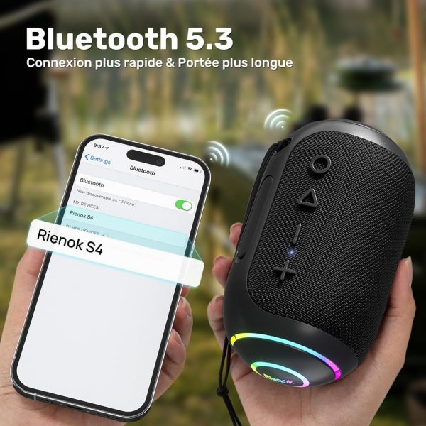 RIENOK Enceinte Bluetooth Portable, Haut-parleur puissant lumineux IPX7 avec Bluetooth 5.3, autonomie de 10 heures, 1800mAh, port TF carte/AUX, pour soirées, plage, randonnées,...