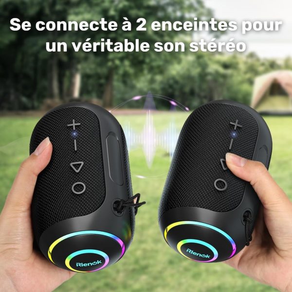 RIENOK Enceinte Bluetooth Portable, Haut-parleur puissant lumineux IPX7 avec Bluetooth 5.3, autonomie de 10 heures, 1800mAh, port TF carte/AUX, pour soirées, plage, randonnées,...