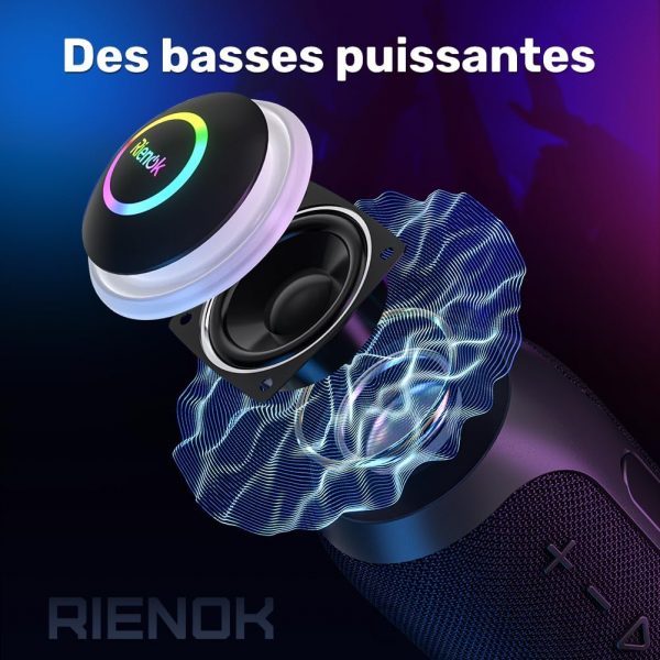 RIENOK Enceinte Bluetooth Portable, Haut-parleur puissant lumineux IPX7 avec Bluetooth 5.3, autonomie de 10 heures, 1800mAh, port TF carte/AUX, pour soirées, plage, randonnées,...