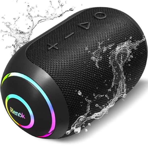 RIENOK Enceinte Bluetooth Portable, Haut-parleur puissant lumineux IPX7 avec Bluetooth 5.3, autonomie de 10 heures, 1800mAh, port TF carte/AUX, pour soirées, plage, randonnées,...