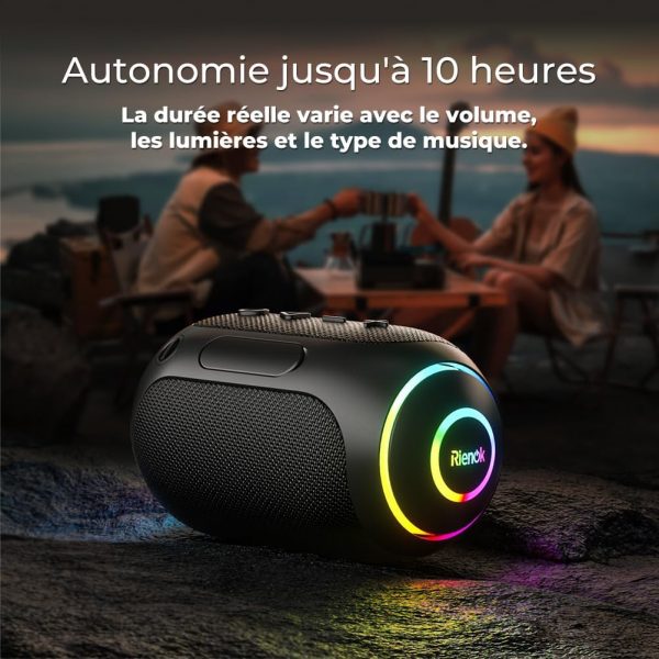 RIENOK Enceinte Bluetooth Portable, Haut-parleur puissant lumineux IPX7 avec Bluetooth 5.3, autonomie de 10 heures, 1800mAh, port TF carte/AUX, pour soirées, plage, randonnées,...