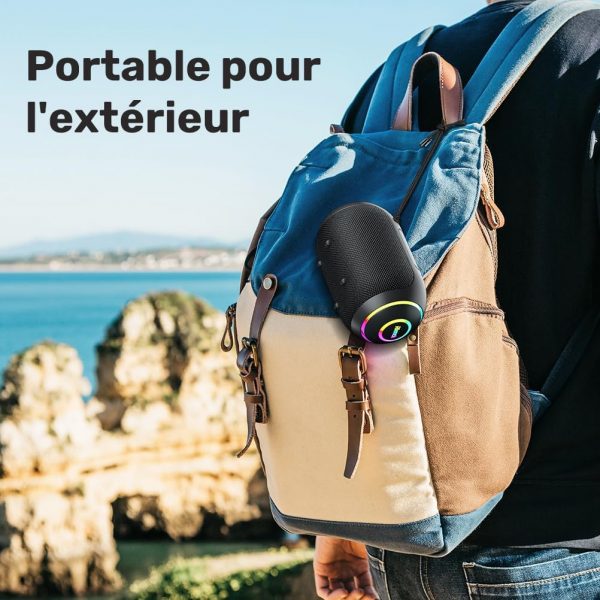 RIENOK Enceinte Bluetooth Portable, Haut-parleur puissant lumineux IPX7 avec Bluetooth 5.3, autonomie de 10 heures, 1800mAh, port TF carte/AUX, pour soirées, plage, randonnées,...