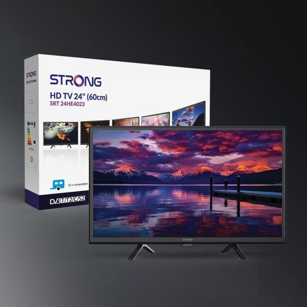 STRONG - Télévision HD 24" (60 cm) SRT24HE4023 - Télé 12V Idéale pour Caravane, Camping-Car, Bateau - Triple Tuner Intégré - 2 Ports HDMI (1 ARC) + 1 Port USB + Mini-AV + Prise