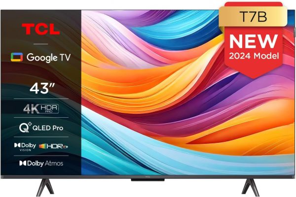 TCL TV QLED 43T7B 4K HDR Pro 43’’ avec Google TV et système sonore Dolby Atmos, compatible avec l’Assistant Google et Alexa