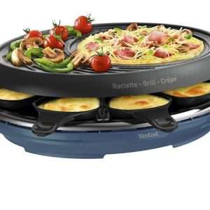 Tefal Raclette Colormania 3 en 1 Appareil à Raclette Grill et Crêpe, Revêtement Antiadhésif Easy Plus, 8 Coupelles, Compatible Lave-Vaisselle, 1050 W, Bleu Acier RE310401