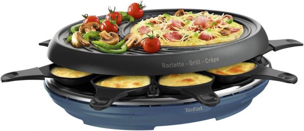 Tefal Raclette Colormania 3 en 1 Appareil à Raclette Grill et Crêpe, Revêtement Antiadhésif Easy Plus, 8 Coupelles, Compatible Lave-Vaisselle, 1050 W, Bleu Acier RE310401