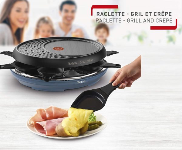 Tefal Raclette Colormania 3 en 1 Appareil à Raclette Grill et Crêpe, Revêtement Antiadhésif Easy Plus, 8 Coupelles, Compatible Lave-Vaisselle, 1050 W, Bleu Acier RE310401