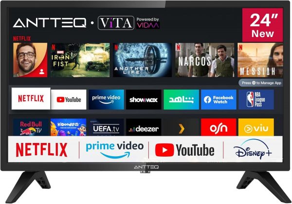 Téléviseur Antteq AV24H3 Smart TV 24 Pouces (60 cm) avec Netflix, Prime Video, Rakuten TV, Disney+, YouTube, UVM, WiFi, Triple-Tuner DVB-T2 / S2 / C