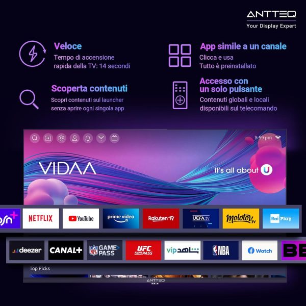 Téléviseur Antteq AV24H3 Smart TV 24 Pouces (60 cm) avec Netflix, Prime Video, Rakuten TV, Disney+, YouTube, UVM, WiFi, Triple-Tuner DVB-T2 / S2 / C