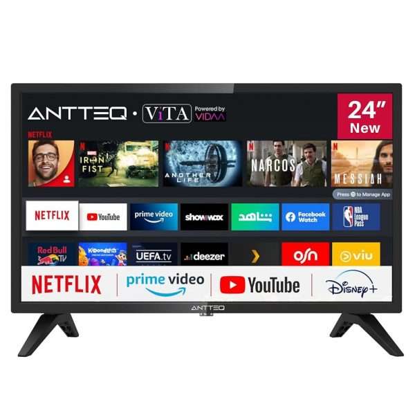 Téléviseur Antteq AV24H3 Smart TV 24 Pouces (60 cm) avec Netflix, Prime Video, Rakuten TV, Disney+, YouTube, UVM, WiFi, Triple-Tuner DVB-T2 / S2 / C