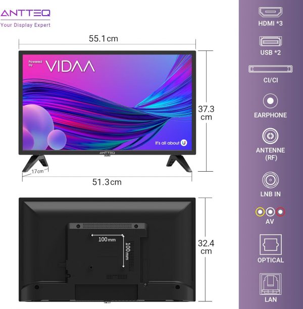 Téléviseur Antteq AV24H3 Smart TV 24 Pouces (60 cm) avec Netflix, Prime Video, Rakuten TV, Disney+, YouTube, UVM, WiFi, Triple-Tuner DVB-T2 / S2 / C