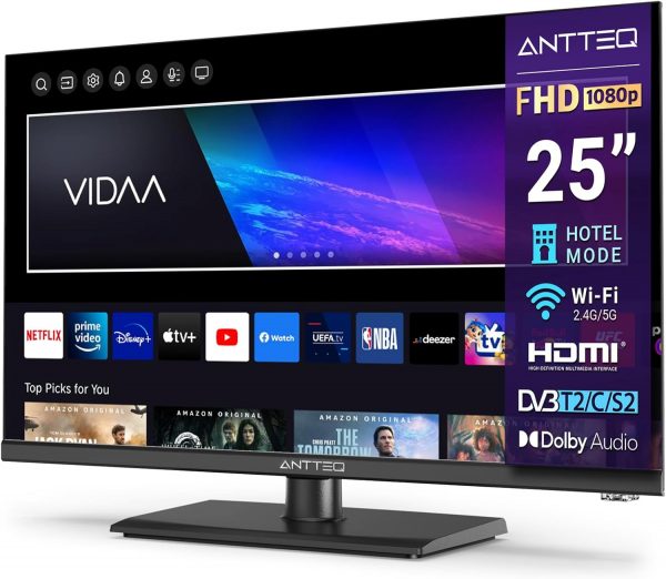 Téléviseur Antteq AV24H3 Smart TV 24 Pouces (60 cm) avec Netflix, Prime Video, Rakuten TV, Disney+, YouTube, UVM, WiFi, Triple-Tuner DVB-T2 / S2 / C