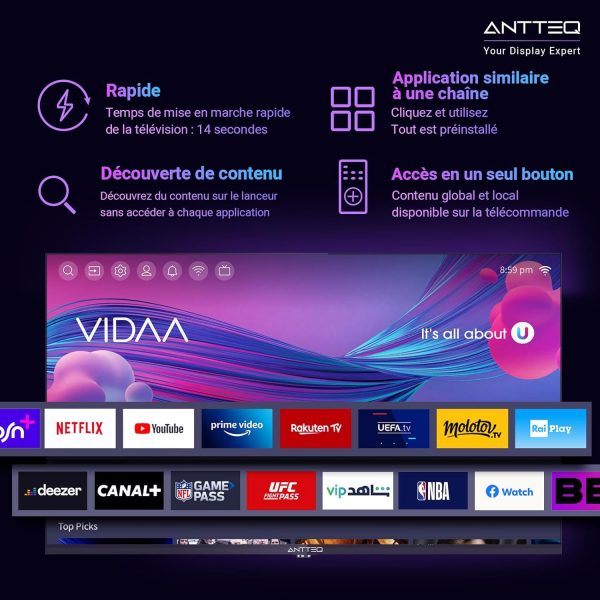 Téléviseur Antteq AV24H3 Smart TV 24 Pouces (60 cm) avec Netflix, Prime Video, Rakuten TV, Disney+, YouTube, UVM, WiFi, Triple-Tuner DVB-T2 / S2 / C