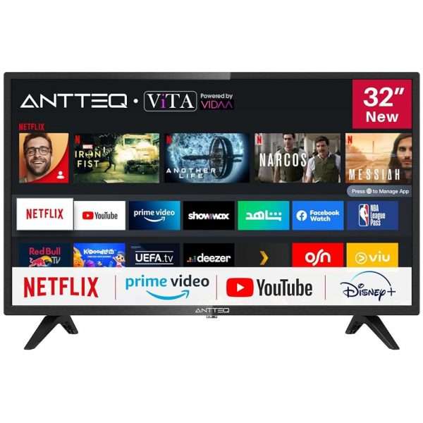 Téléviseur Antteq AV32 Smart TV 32 Pouces (80 cm) avec Netflix, Prime Video, Disney+, YouTube, Rakuten TV, WiFi, Triple-Tuner DVB-T2 / S2 / C, Dolby Audio, 2024