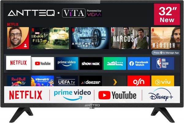 Téléviseur Antteq AV32 Smart TV 32 Pouces (80 cm) avec Netflix, Prime Video, Disney+, YouTube, Rakuten TV, WiFi, Triple-Tuner DVB-T2 / S2 / C, Dolby Audio, 2024