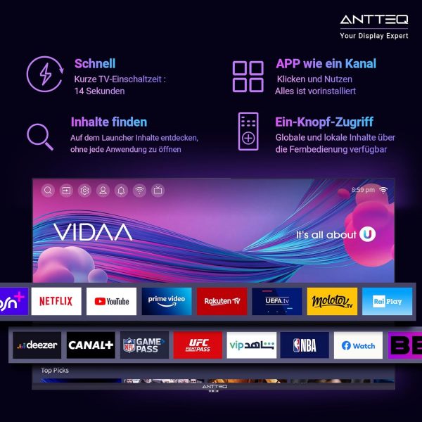 Téléviseur Antteq AV32 Smart TV 32 Pouces (80 cm) avec Netflix, Prime Video, Disney+, YouTube, Rakuten TV, WiFi, Triple-Tuner DVB-T2 / S2 / C, Dolby Audio, 2024