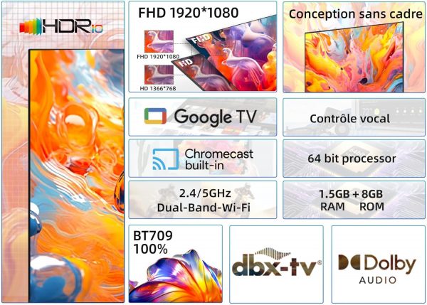 Téléviseur CHIQ 40 Pouces L40G7V, Google TV, FHD, Conception sans Cadre, Google Assistant, Google Play, Chromecast intégré, Triple syntoniseur, Wi-Fi 5G, Bluetooth, HDMI Arc,