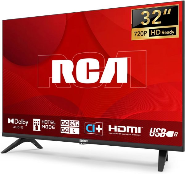 Téléviseur RCA 32 Pouces (80 cm) sans Bord LED HD avec Triple Tuner (DVB-T/T2-C-S/S2), HDMI, CI+, Lecteur Multimédia USB, Mode Hôtel, Dolby Audio (NRB32HQ1, 2024)