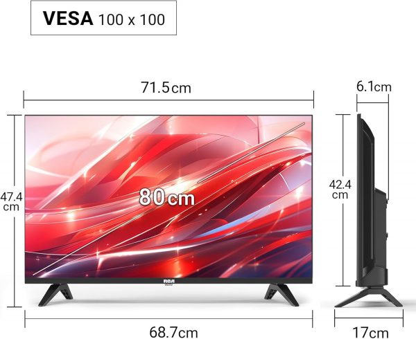 Téléviseur RCA 32 Pouces (80 cm) sans Bord LED HD avec Triple Tuner (DVB-T/T2-C-S/S2), HDMI, CI+, Lecteur Multimédia USB, Mode Hôtel, Dolby Audio (NRB32HQ1, 2024)