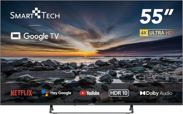 Téléviseur Smart Tech 4K UHD 55" (139 cm) 55UG10V3, Smart TV Google TV, HDMI, USB, HEVC, Dolby Audio, HDR 10, CHROMCAST, Google Assistant… [Classe énergétique E]