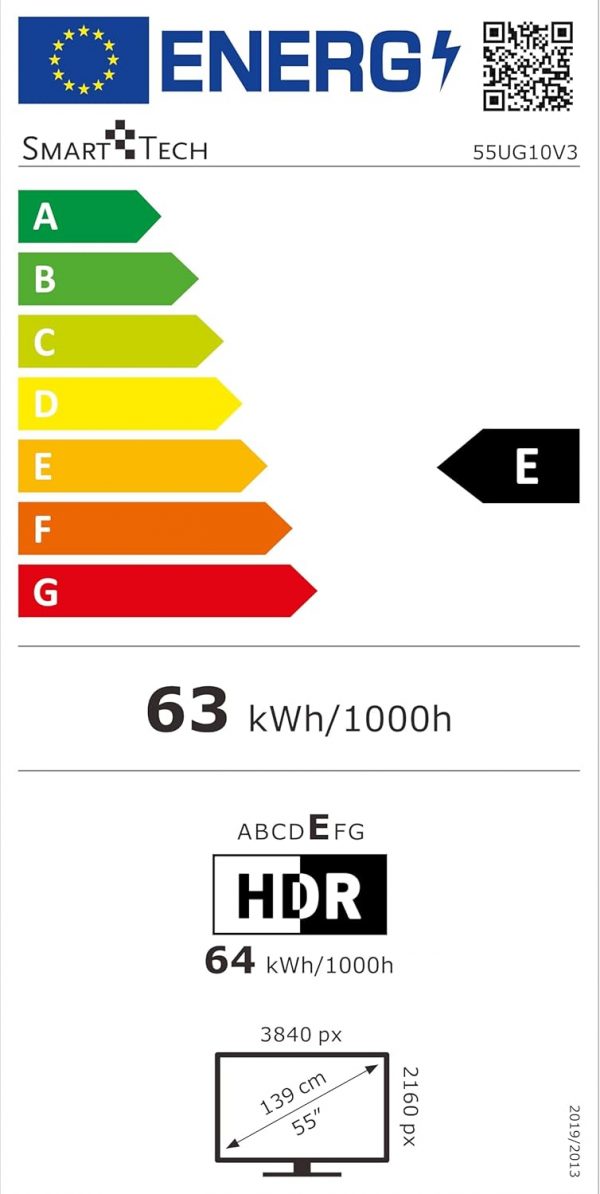 Téléviseur Smart Tech 4K UHD 55" (139 cm) 55UG10V3, Smart TV Google TV, HDMI, USB, HEVC, Dolby Audio, HDR 10, CHROMCAST, Google Assistant… [Classe énergétique E]