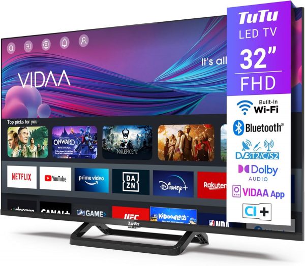 Téléviseur Smart TV TuTu 32 Pouces (80 cm) FHD, sans Bord, Connecté avec WiFi, Bluetooth, App Store, Triple Tuner (DVB-T/T2, DVB-C, DVB-S/S2), Molotov et Plus (TUV32FN1B, 2024)