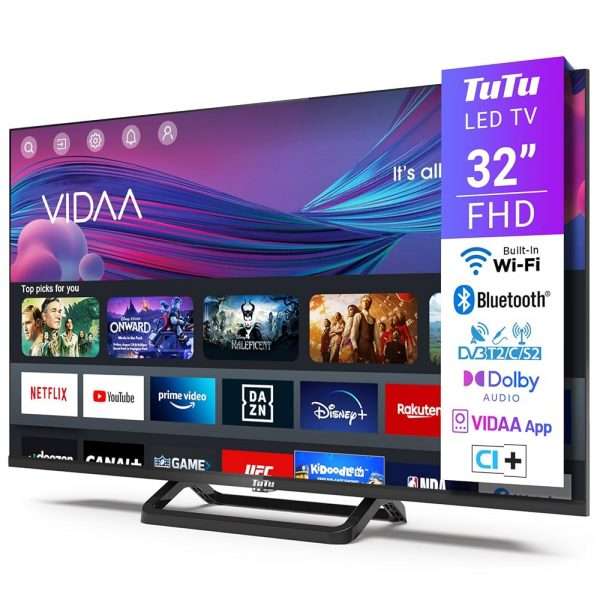 Téléviseur Smart TV TuTu 32 Pouces (80 cm) FHD, sans Bord, Connecté avec WiFi, Bluetooth, App Store, Triple Tuner (DVB-T/T2, DVB-C, DVB-S/S2), Molotov et Plus (TUV32FN1B, 2024)