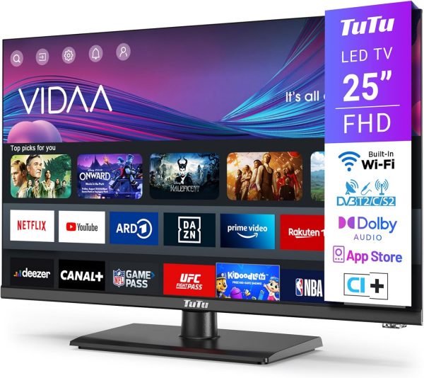 Téléviseur Smart TV TuTu 32 Pouces (80 cm) FHD, sans Bord, Connecté avec WiFi, Bluetooth, App Store, Triple Tuner (DVB-T/T2, DVB-C, DVB-S/S2), Molotov et Plus (TUV32FN1B, 2024)