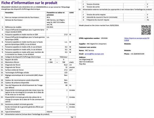 TV RCA E32-RH1Q1L 32 Pouces (80 cm) avec Triple Tuner (DVB-T/T2-C-S/S2), 2*HDMI, LED HD, 2024