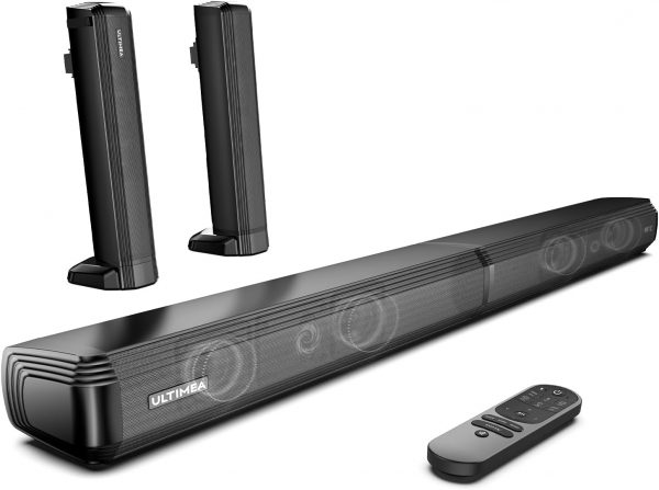 ULTIMEA Barres de Son TV, 2,2 Canaux Barre de Son 2-en-1 Détachable, Bluetooth 5.3 Enceinte pour TV avec Caisson de Basses, 3 Modes EQ, Arc/Optique/Aux, Montage Mural, Modèle