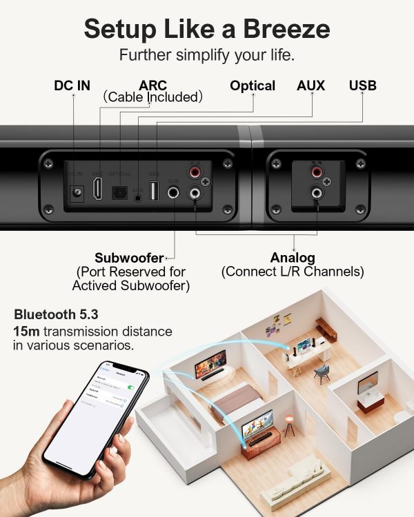 ULTIMEA Barres de Son TV, 2,2 Canaux Barre de Son 2-en-1 Détachable, Bluetooth 5.3 Enceinte pour TV avec Caisson de Basses, 3 Modes EQ, Arc/Optique/Aux, Montage Mural, Modèle