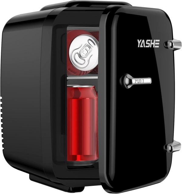 YASHE Mini Frigo de Chambre, 4 Litres/6 Canettes, Petit Frigo Thermoélectrique CA/CC pour Boissons, Nourriture, Beauté, Bureau, Dortoir, Voiture, Noir