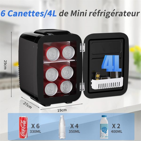 YASHE Mini Frigo de Chambre, 4 Litres/6 Canettes, Petit Frigo Thermoélectrique CA/CC pour Boissons, Nourriture, Beauté, Bureau, Dortoir, Voiture, Noir